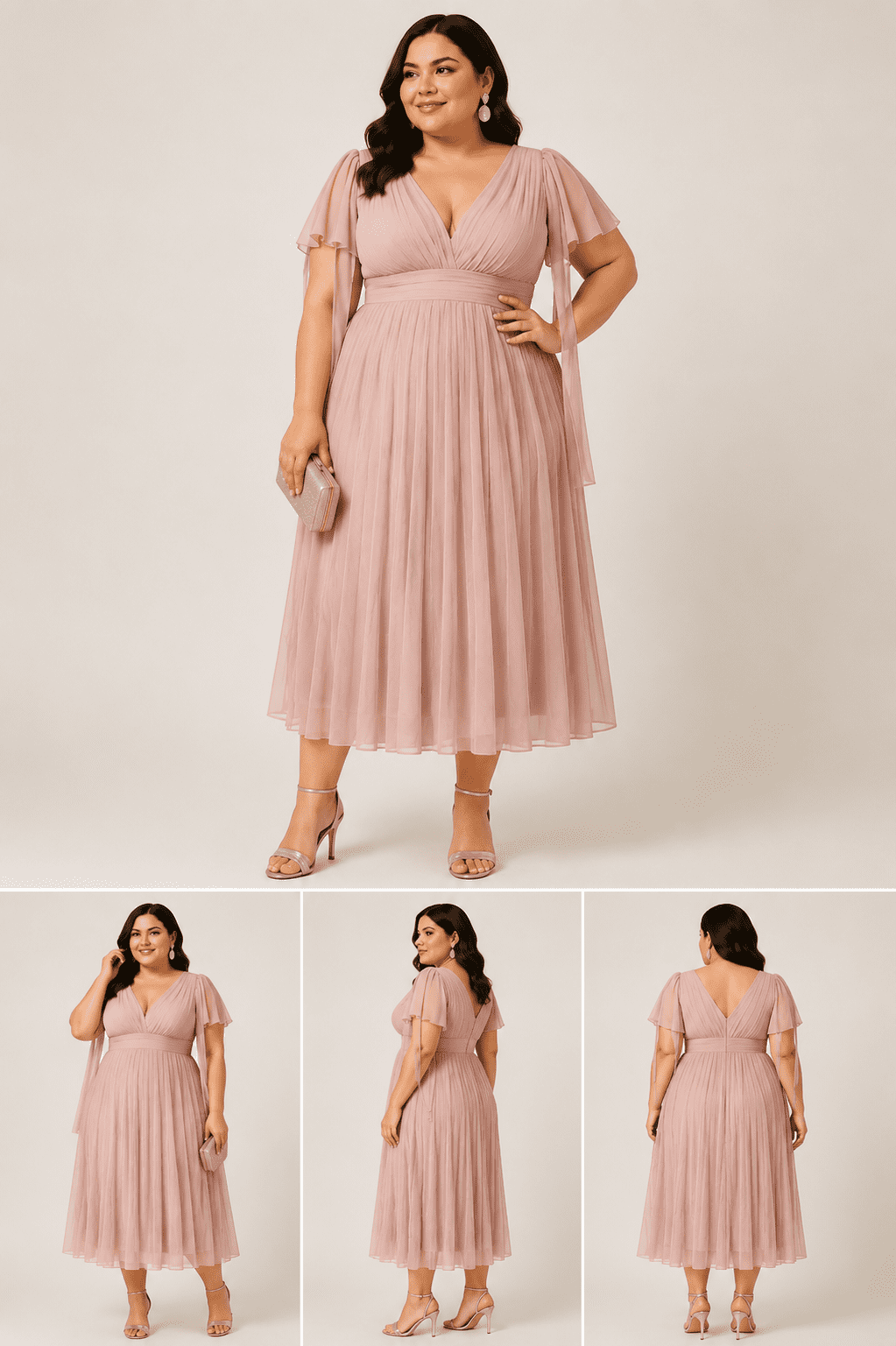 rochie roz pastel pentru femei plinuite, cu talie inalta