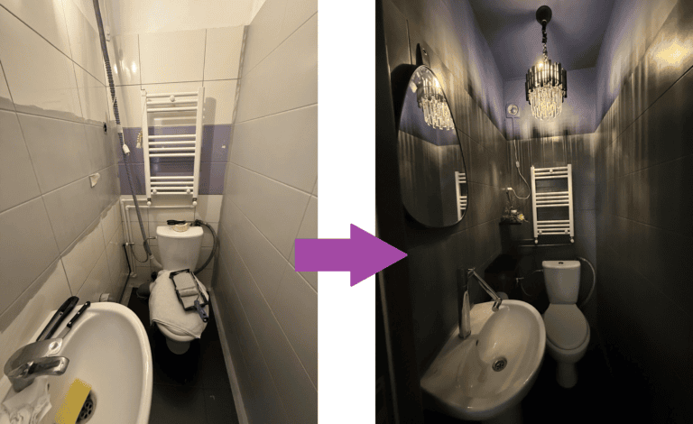 Baie mică de serviciu înainte și după renovarea cu buget redus