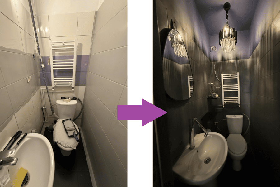 Baie mică de serviciu înainte și după renovarea cu buget redus