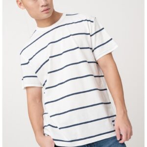 Tricou cu decolteu la baza gatului si model in dungi - Alb/Albastru ultramarin