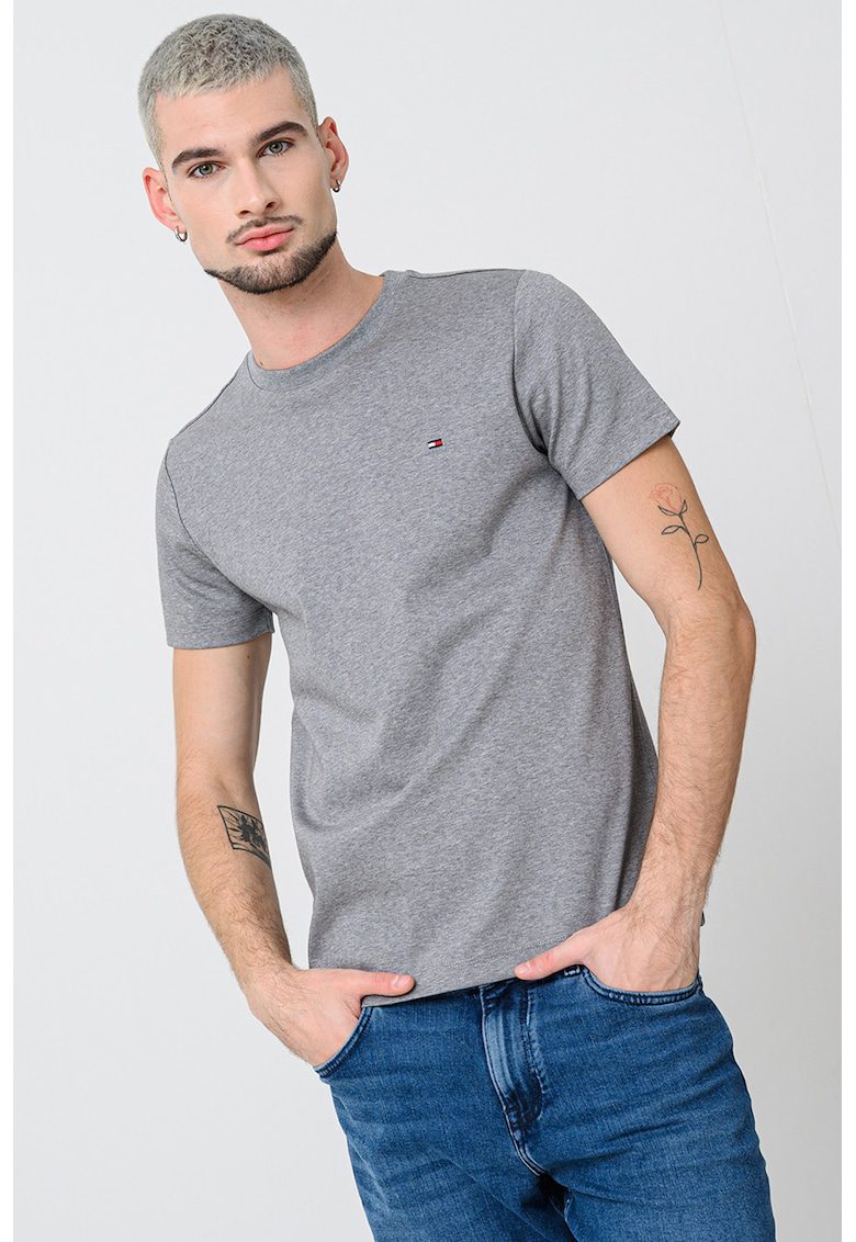 Tricou slim fit cu decolteu la baza gatului - Gri melange