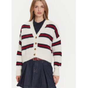 Cardigan dama -  Ecru - 69% acril reciclat - 23% poliester reciclat - 8% lana de alpaca - Rosu/Ecru/Bleumarin