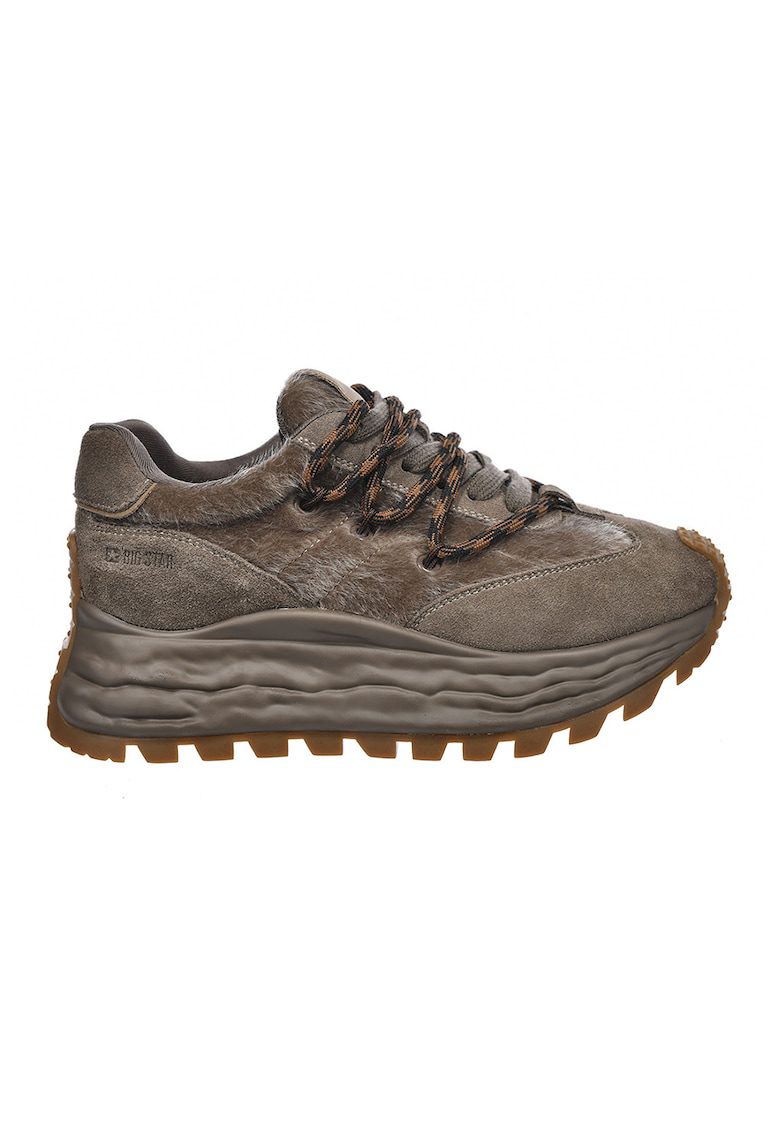 Pantofi sport wedge de piele intoarsa cu garnituri de blana sintetica - Maro taupe