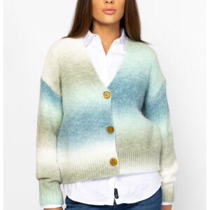 Cardigan cu model tie-dye si decolteu in V - Alb fildes/Kaki/Albastru