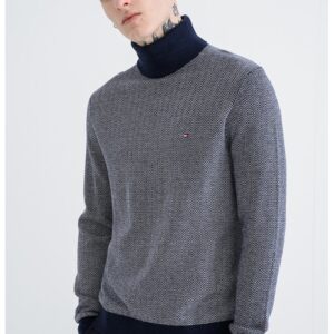 Pulover din amestec de casmir cu model herringbone - Alb/Bleumarin