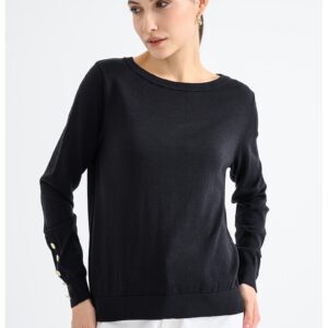Pulover tricotat fin cu decolteu rotund - Negru