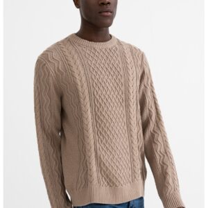Pulover cu decolteu la baza gatului si model torsade - Maro camel