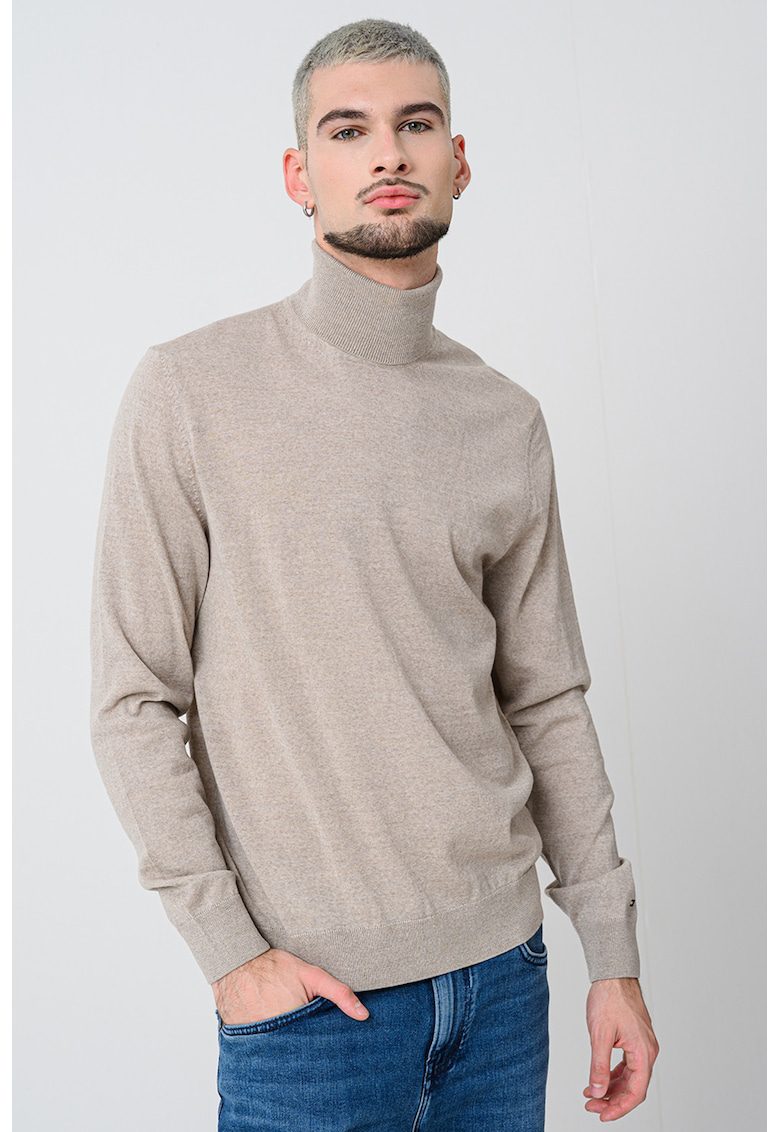 Pulover din lana cu guler inalt - Bej melange