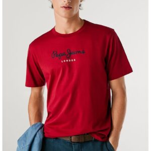 Tricou cu decolteu la baza gatului si logo - Rosu/Albastru ultramarin/Alb murdar