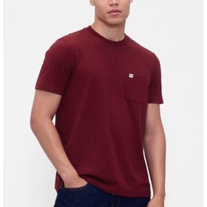 Tricou de bumbac organic cu buzunar pe piept - Rosu inchis