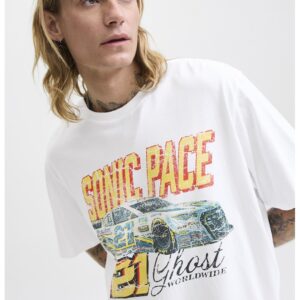 Tricou cu imprimeu pe piept - Alb/Portocaliu/Albastru