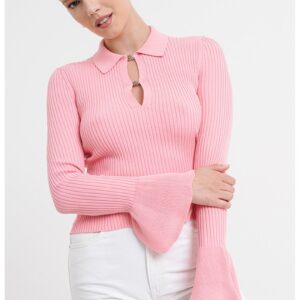 Pulover cu striatii si maneci evazate - Roz pastel