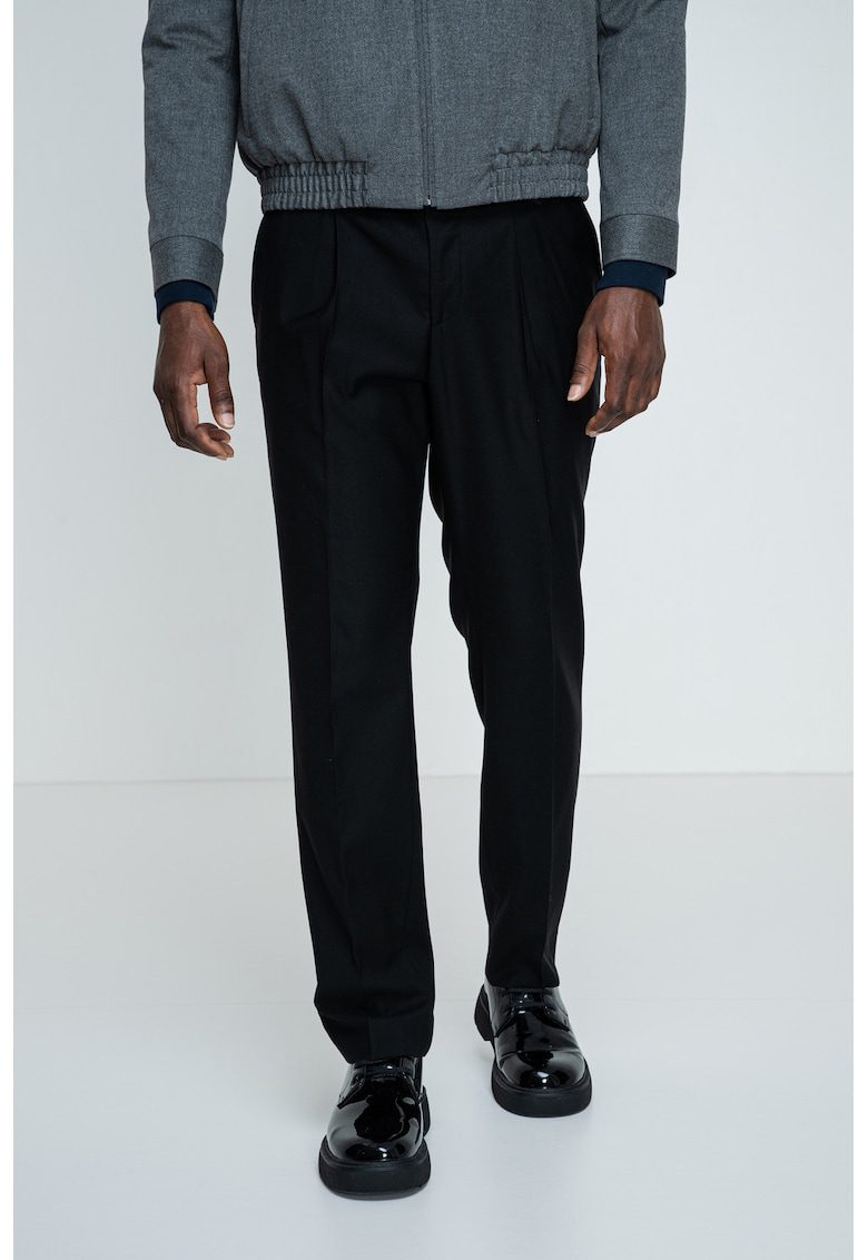 Pantaloni conici din amestec de lana cu talie medie - Negru