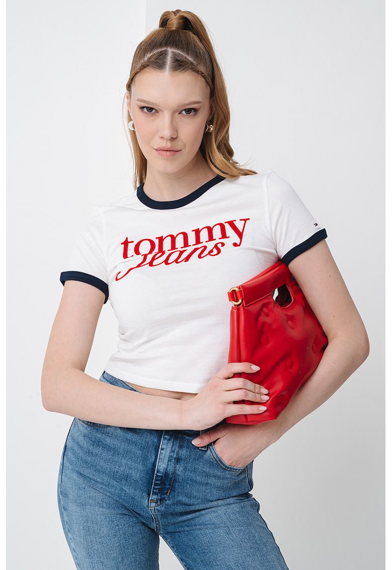 Tricou crop slim fit cu imprimeu logo - Rosu vermillion/Alb murdar/Bleumarin