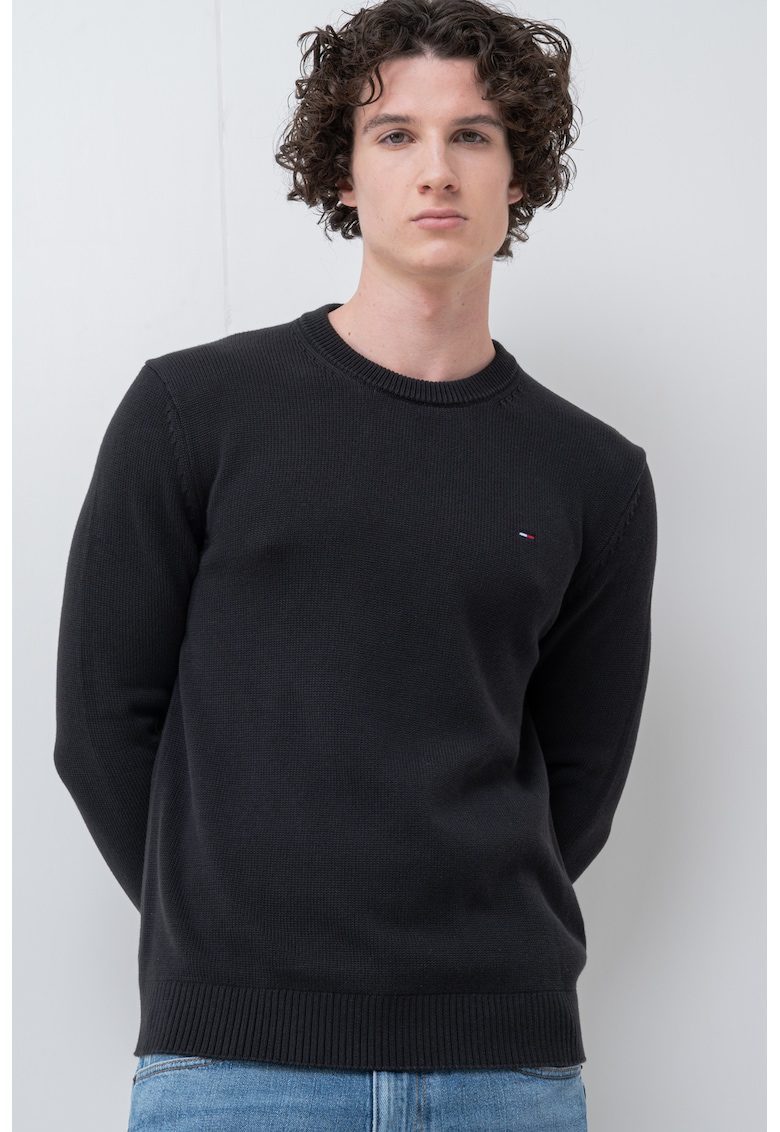Pulover slim fit din bumbac organic - Negru