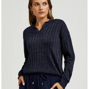Pulover bleumarin cu guler si fir metalic - Bleumarin