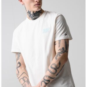 Tricou cu decolteu la baza gatului si imprimeu logo - Alb fildes