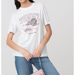 Tricou cu logo si imprimeu - Roz pastel/Negru stins/Alb murdar