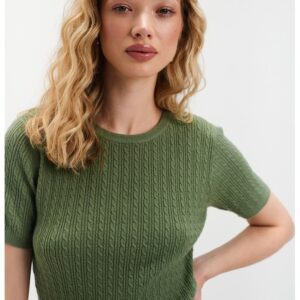 Pulover cu model torsade si maneci scurte - Verde sparanghel