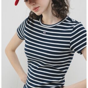 Tricou slim fit cu striatii - Alb optic/Bleumarin