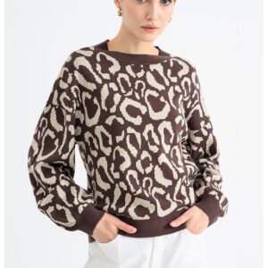 Pulover cu maneci cazute si animal print - Maro inchis/Bej