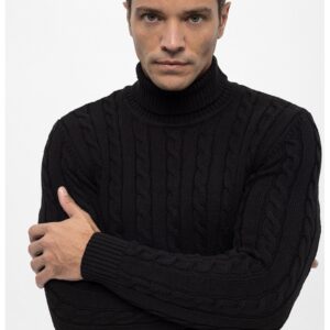 Pulover cu guler inalt si model torsade - Negru