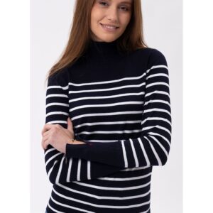 Pulover cu guler dama S-Jane - albastru marin cu dungi