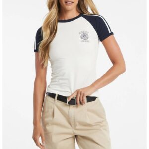 Tricou slim fit cu maneci raglan contrastante - Alb