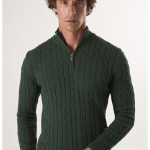 Pulover regular fit cu fenta cu fermoar - Verde englez