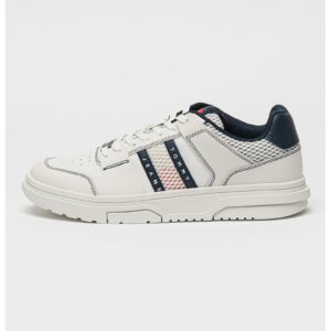 Pantofi sport cu insertii din piele - Alb optic/Bleumarin