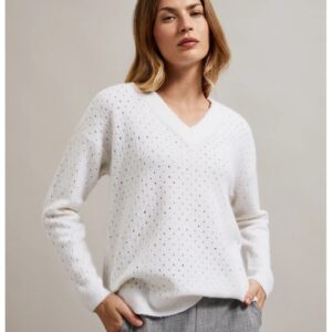 Pulover cu model perforat si fir metalic alb - Alb