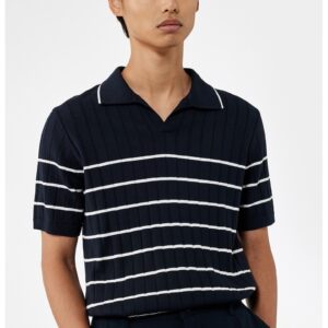 Tricou cu model cu dungi si decolteu in V - Alb/Bleumarin