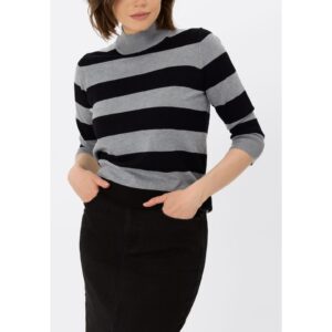 Pulover cu guler inalt - dama - maneci trei sferturi - S-Tess - in dungi negru si gri melange - Negru/Gri melange