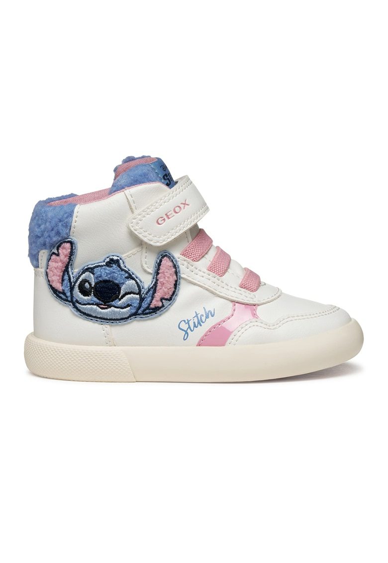Pantofi sport cu inchidere velcro si aplicatie cu Stitch - Alb/Albastru