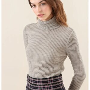 Pulover dama - HiCCUP - texturat - cu guler inalt - gri - tricot