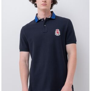 Tricou polo din bumbac organic cu aplicatie logo pe piept - Bleumarin