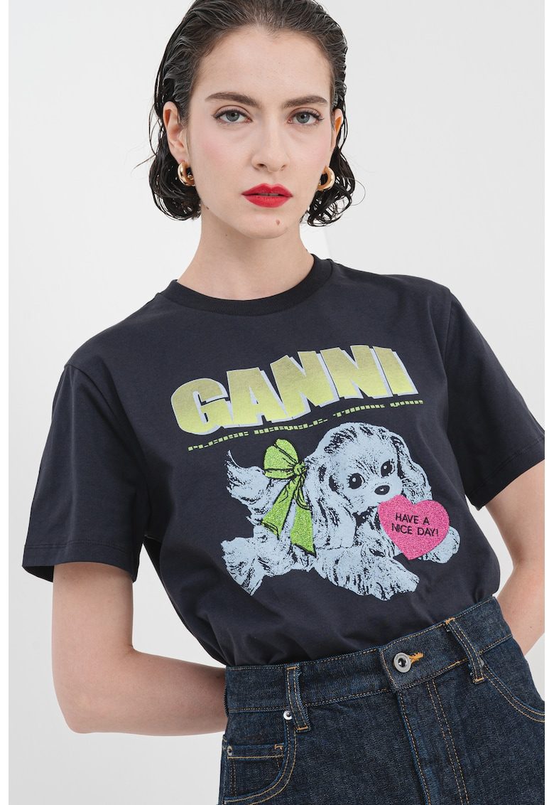Tricou de bumbac cu imprimeu grafic - Fucsia/Verde lime/Gri antracit