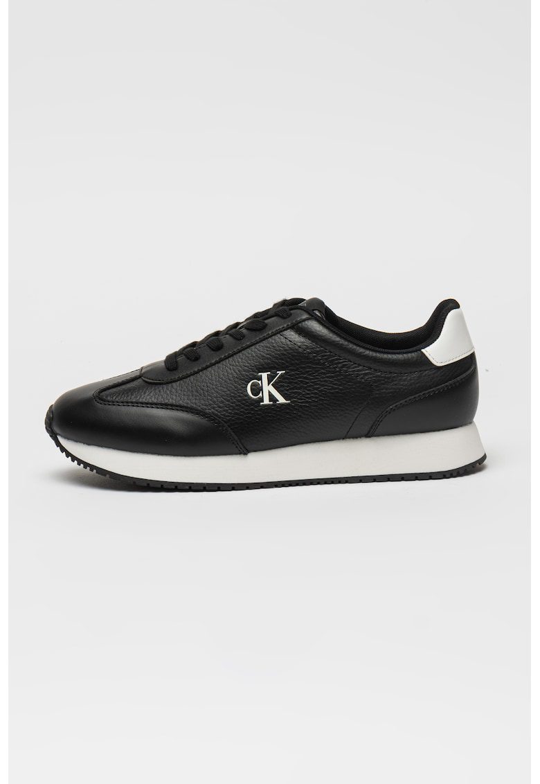 Pantofi sport din piele cu garnituri din piele ecologica - Alb/Negru stins