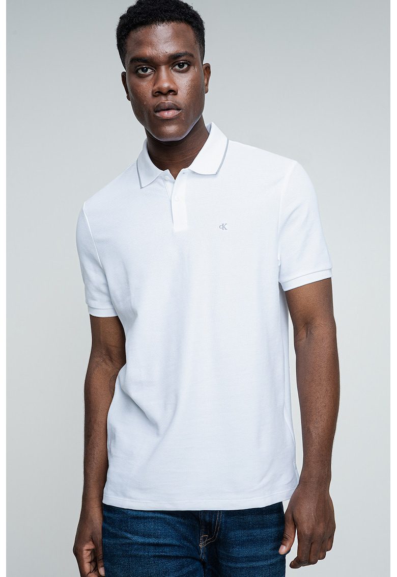 Tricou polo din bumbac pique - Gri/Alb optic