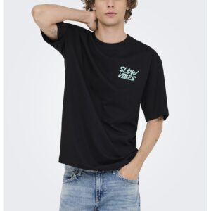 Tricou lejer din bumbac organic cu imprimeu grafic - Negru/Albastru deschis