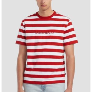 Tricou cu imprimeu in dungi si logo brodat - Rosu
