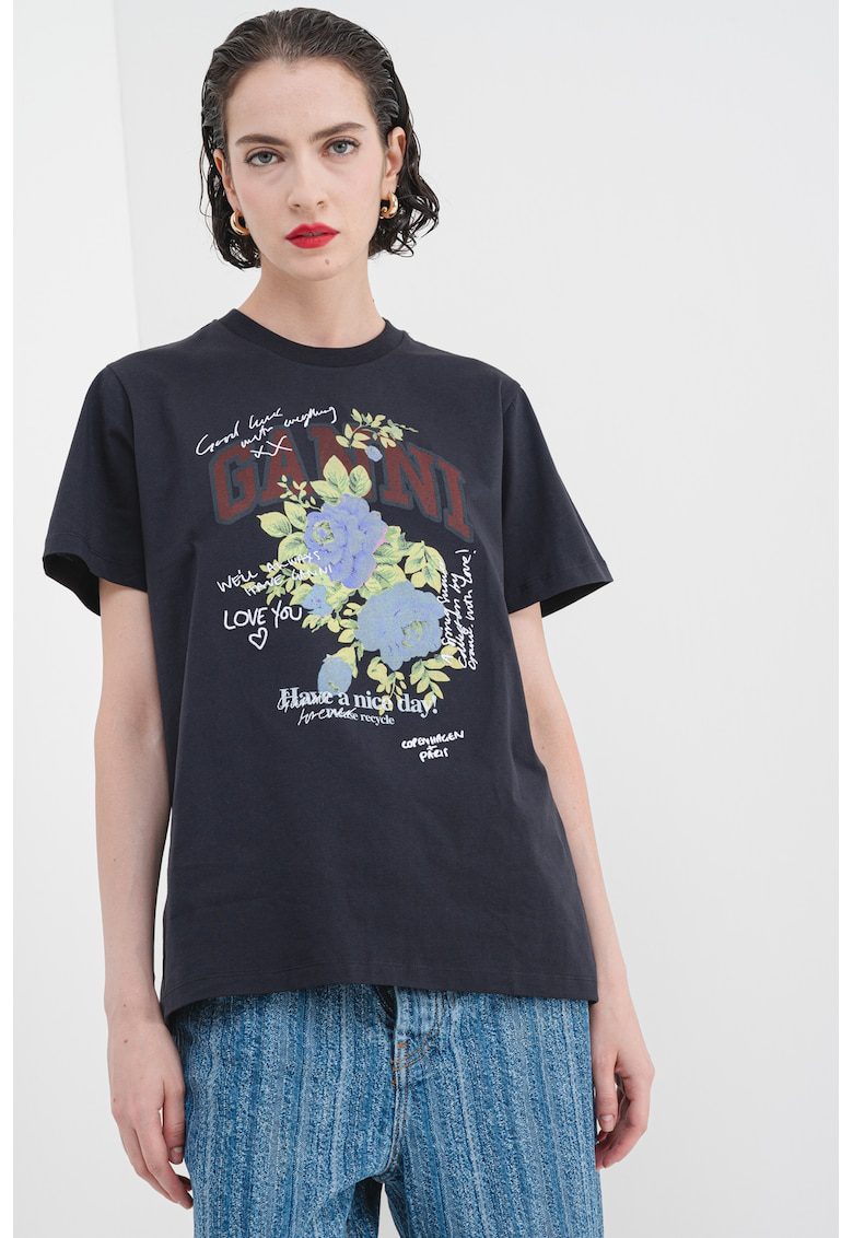 Tricou de bumbac cu imprimeu floral - Verde/Albastru/Gri antracit