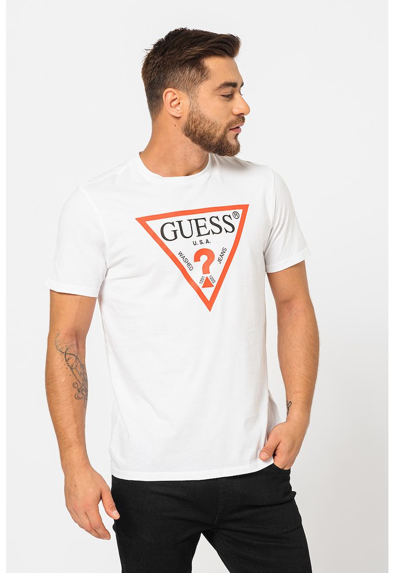 Tricou de bumbac cu imprimeu logo - Alb optic/Rosu deschis