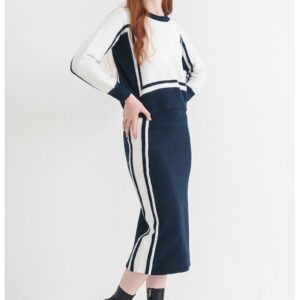 Pulover din amestec de lana cu maneci raglan - Alb murdar/Bleumarin
