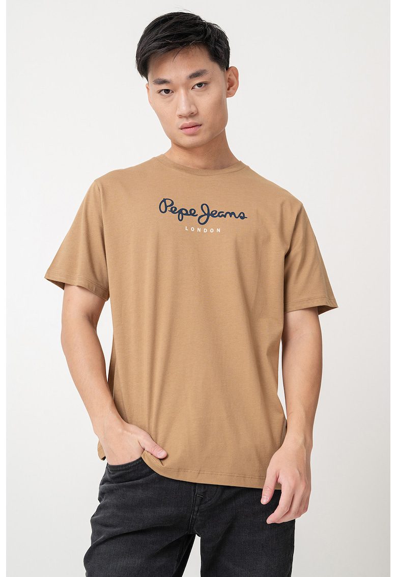 Tricou cu decolteu la baza gatului si logo - Maro