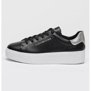 Pantofi sport flatform de piele cu logo - Negru/Argintiu