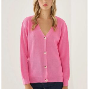 Cardigan Femei Decolteu in V - Nasturi - Tricot - Roz neon