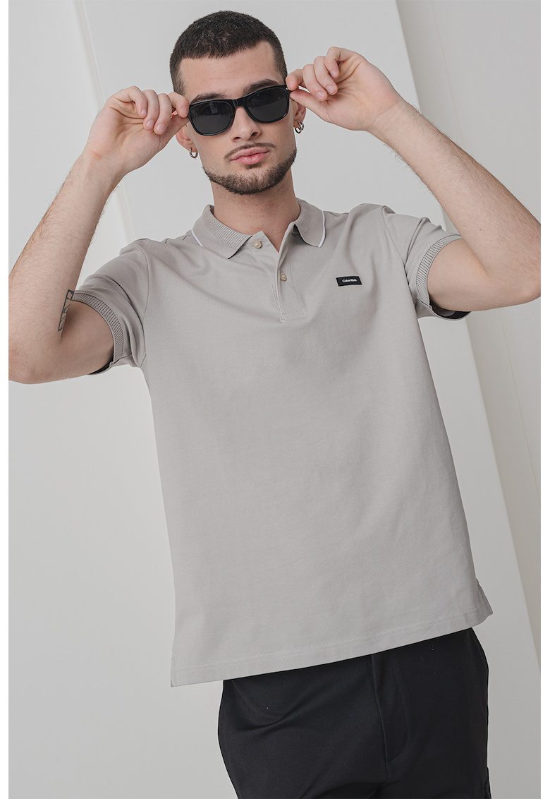 Tricou polo din amestec de bumbac organic cu logo discret - Alb/Grej