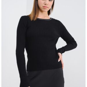 Pulover slim fit cu decolteu la baza gatului si striatii - Negru/Argintiu