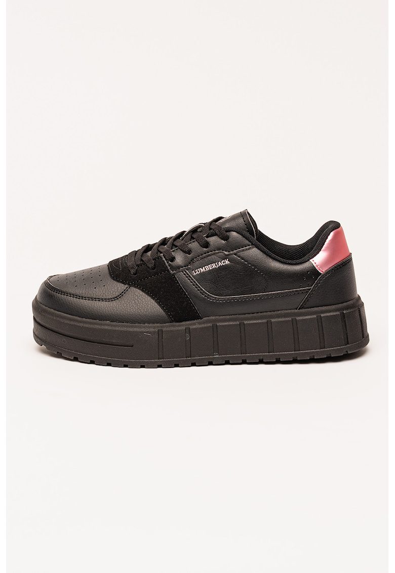 Pantofi sport cu platforma si insertii de piele intoarsa ecologica - Negru stins